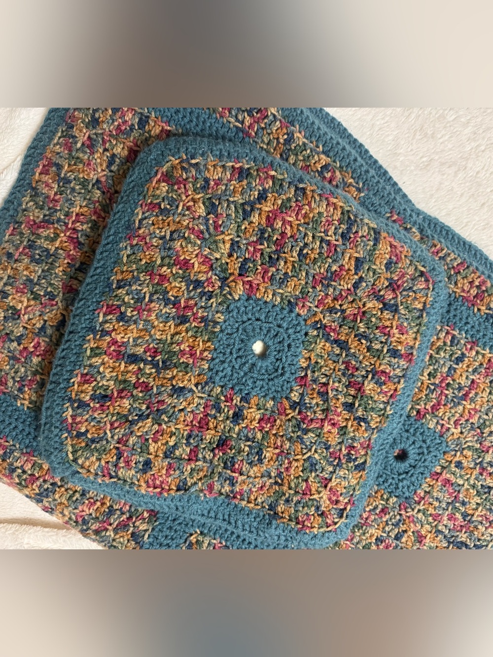 Vintage granny square knit blanket and pillow